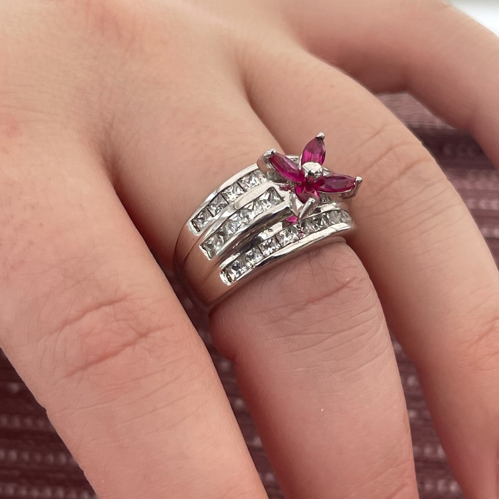 Simulated Ruby & Diamond 3 Row Cocktail Ring - image 2